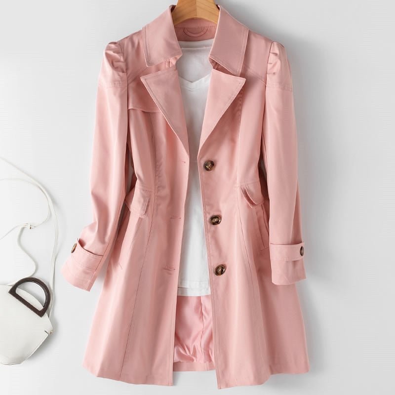 Dames Lange Trenchcoat met Knoopsluiting, Tailleceintuur en Zijzakken