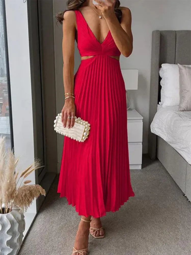 Dames Maxi-Jurk met V-Hals, Uitsnijding in de Taille en Geplooide Rok