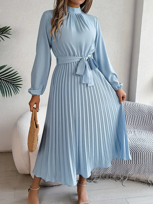 Dames Midi-Jurk met Lange Mouwen, Geplooide Rok en Tailleceintuur