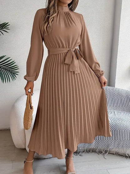 Dames Midi-Jurk met Lange Mouwen, Geplooide Rok en Tailleceintuur
