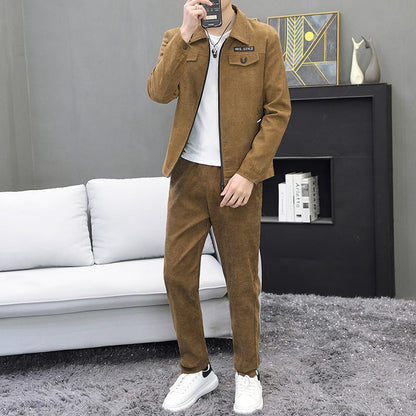 Heren Herfst Tweedelige Set Corduroy Jas En Lange Broek
