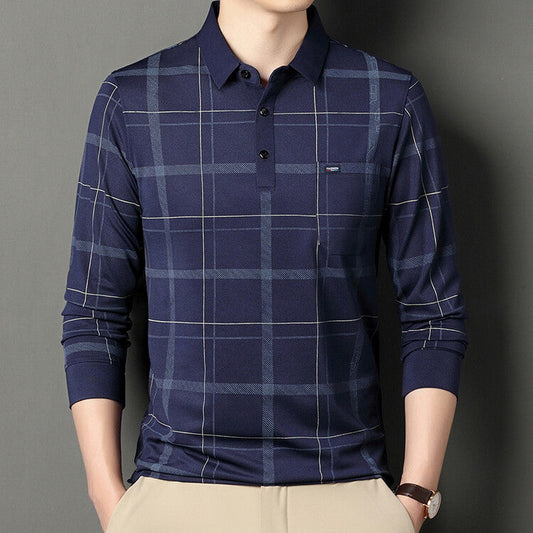 Heren Herfst Longsleeve T-shirt Polo Kraag Gestreept Patroon Slim Fit
