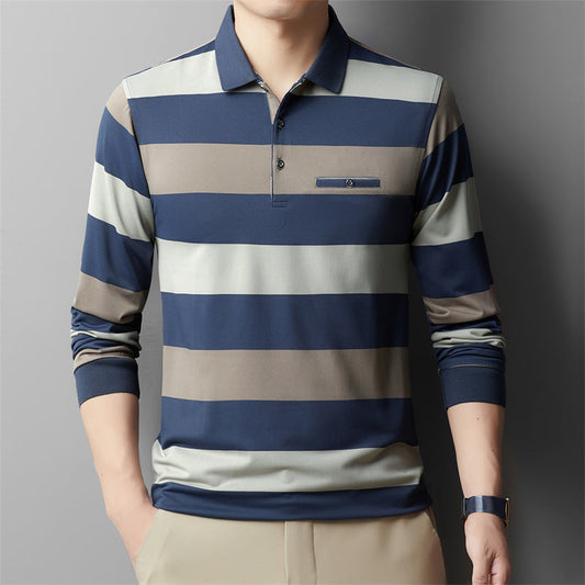 Heren Longsleeve T-shirt Kleurvlakken Gestreept Reverskraag Regular Fit