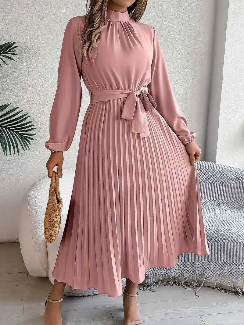 Dames Midi-Jurk met Lange Mouwen, Geplooide Rok en Tailleceintuur