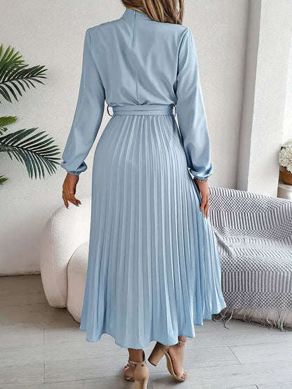Dames Midi-Jurk met Lange Mouwen, Geplooide Rok en Tailleceintuur