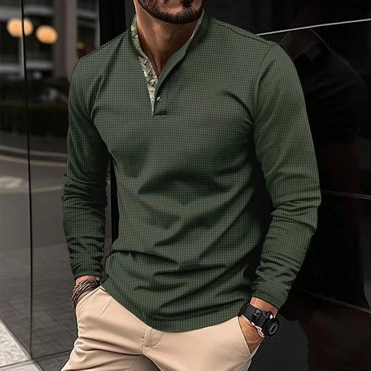 Heren Poloshirt met Lange Mouwen, Contrastkraag en Manchetten