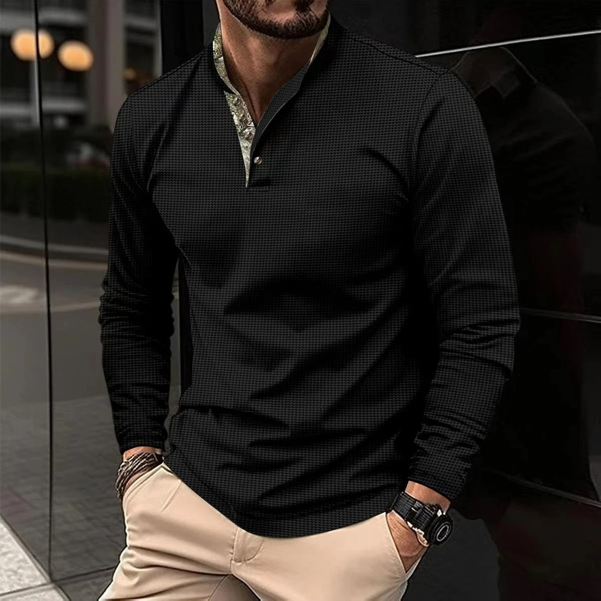 Heren Poloshirt met Lange Mouwen, Contrastkraag en Manchetten