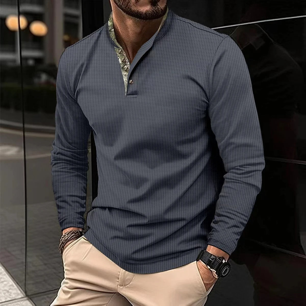 Heren Poloshirt met Lange Mouwen, Contrastkraag en Manchetten