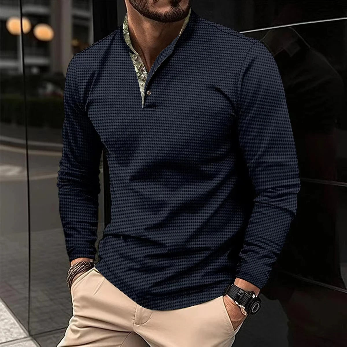 Heren Poloshirt met Lange Mouwen, Contrastkraag en Manchetten